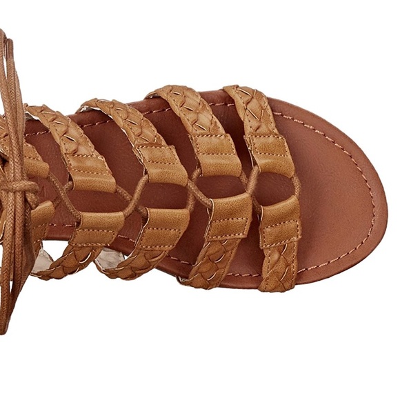 Cognac Braided Lace Up Tall Gladiator Sandals - Picture 7 of 7